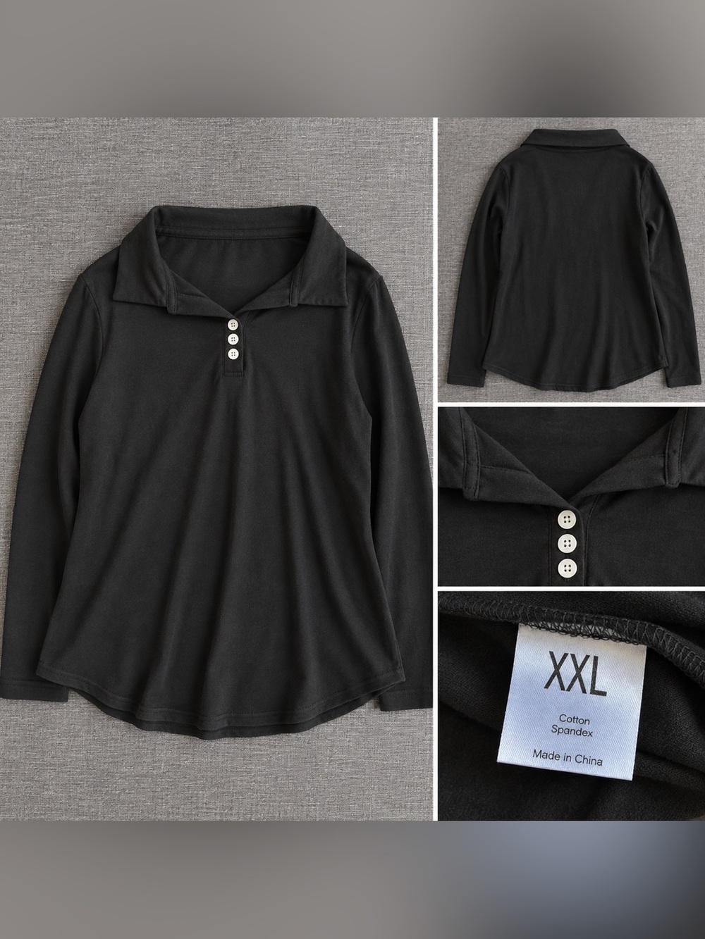 Source Unknown Black Long-Sleeve Polo Top with Button Placket